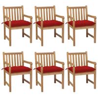 Tuinstoelen 6 st met rode kussens massief teakhout - thumbnail