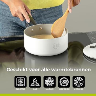 BE Living Steelpan met deksel ø 18 cm - keramische anti-aanbaklaag - PFAS-vrij - geschikt voor alle warmtebronnen - wit
