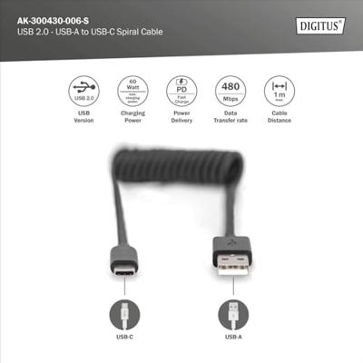 Digitus AK-300430-006-S USB-kabel USB 2.0 USB-A stekker, USB-C stekker 1.00 m Zwart Stekker past op beide manieren, Afgeschermd (dubbel), Flexibel, Spiraalkabel Digitus AK-300430-006-S USB-kabel USB 2.0 USB-A stekker, USB-C stekker 1.00 m Zwart Stekker past op beide manieren, Afgeschermd (dubbel), Flexibel, Spiraalkabel