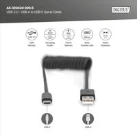 Digitus USB-kabel USB 2.0 USB-A stekker, USB-C stekker 1.00 m Zwart Stekker past op beide manieren, Afgeschermd (dubbel), Flexibel, Spiraalkabel AK-300430-006-S - thumbnail