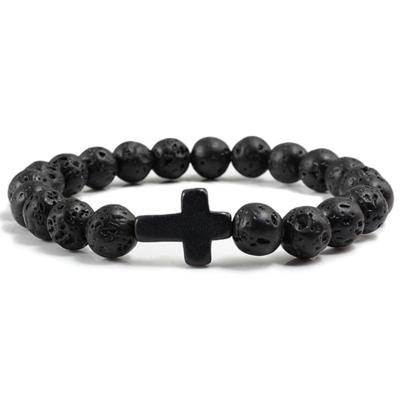 Memphis Kralen Armband met Natuursteen Kruis - Zwart Lava