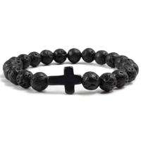 Memphis Kralen Armband met Natuursteen Kruis - Zwart Lava - thumbnail