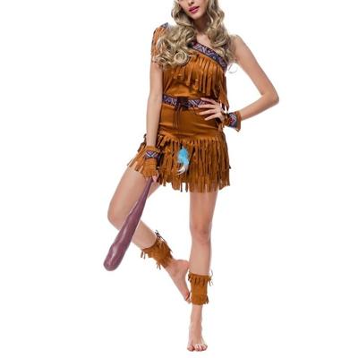 Indian Style Indigenous Savage Forest Hunter Princess Tassel Costume Size:M(Khaki)