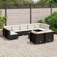 10-delige Loungeset met kussens poly rattan zwart - thumbnail