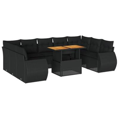 10-delige Loungeset met kussens poly rattan zwart