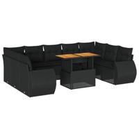 10-delige Loungeset met kussens poly rattan zwart - thumbnail