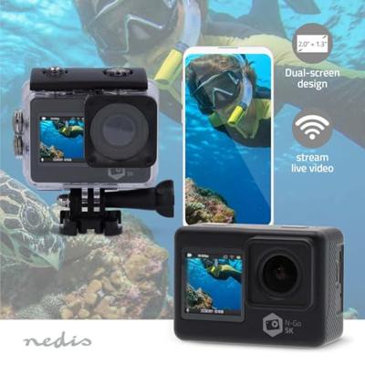 Nedis Action Cam | Dubbel scherm | 5K@30fps | 16 MPixel | Waterbestendig tot: 30.0 m | 80 min | Wi-Fi | App beschikbaar voor: Android™ / IOS | Mounts
