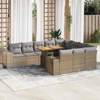 10-delige Loungeset met kussens poly rattan acacia beige