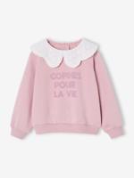 Sweater met kraag van Engels borduurwerk voor meisjes met flockprint en fluwelen boodschap lichtroze - thumbnail