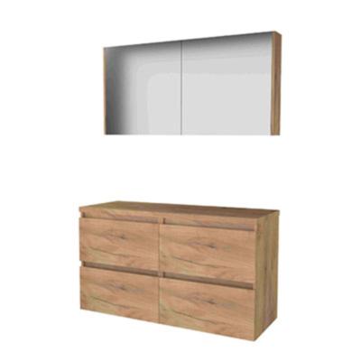 Basic-Line Comfort 46 Badkamermeubelset - 120 x 46 cm - Greeploos - 4 Lades - Wastafelblad - Spiegelkast - Whisky Oak