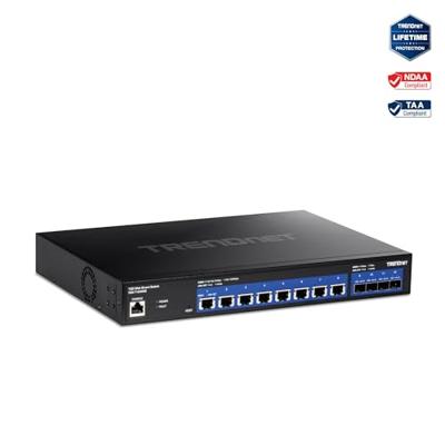 TRENDnet 12-poorts 10G Web Smart Switch, 8 x 10G RJ-45-poorten, 4 x SFP+-sleuven, VLAN, QoS, LACP en IPv6-ondersteuning, Web Smart Management, rackmonteerbare behuizing, levenslange bescherming,