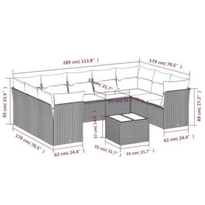 10-delige Loungeset met kussens poly rattan lichtgrijs