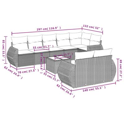 8-delige Loungeset met kussens poly rattan zwart - thumbnail