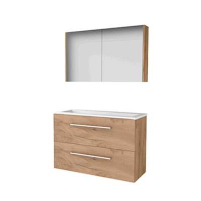 Basic-Line Comfort 39 Badkamermeubelset - Ondiep - 100 x 39 cm - Met Grepen - 2 Lades - Acryl Wastafel - 2 Kraangaten - Spiegelkast - Whisky Oak