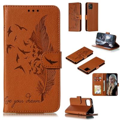 Feather patroon Litchi textuur horizontale Flip lederen draagtas met portemonnee & houder & kaartsleuven voor Google pixel 4 (bruin)