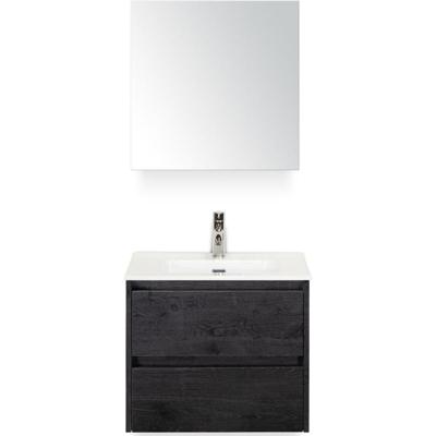 Dante Badmeubelset 60 cm - Black Oak - Keramische Wastafel Wit Cover met Spiegelkast