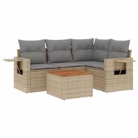 5-delige Loungeset met kussens poly rattan beige - thumbnail