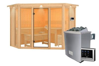 Karibu | Alcinda 2 Sauna met Dakkraag | Kachel 9 kW Externe Bediening