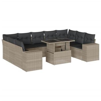 10-delige Loungeset met kussens poly rattan lichtgrijs