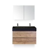 Maxx XL Badmeubelset 100 cm - Natuur Eiken - Wastafel Kube Zwart 2 kraangaten - met Spiegelkast - thumbnail