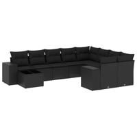 10-delige Loungeset met kussens poly rattan zwart - thumbnail