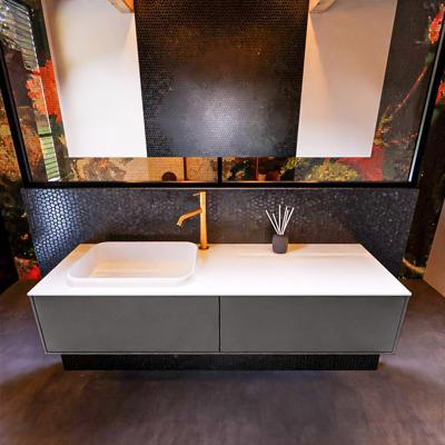 Badkamermeubelset Mondiaz Erin 150 cm met 2 Lades met RIDGE Wastafel Links Talc met 1 kraangat Greeploos Mat Dark Grey