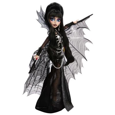 Monster High Pop, Elvira, Meesteres van het Duister, verzamelobject in zwarte jurk van kunstleer, met zilverkleurige vleermuisvleugelcape en premium accessoires, HYV99