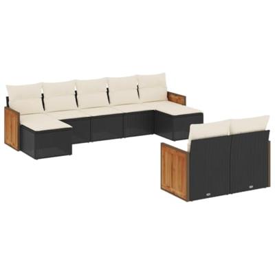 9-delige Loungeset met kussens poly rattan zwart