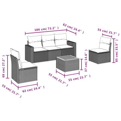 6-delige Loungeset met kussens poly rattan beige - thumbnail