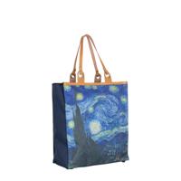 Boodschappentas 'Starry Night ' - Stevige Nylon Shopper met Leren Hengsels - Van Gogh Print - 39x43 cm - thumbnail