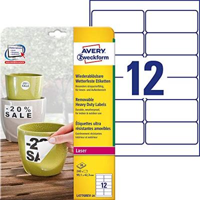 Avery-Zweckform L4776REV-20 Folie-etiketten 99.1 x 42.3 mm Polyester folie Wit 240 stuk(s) Weer verwijderbaar Laser (kleur), Laser (zwart/wit), Kopiëren - thumbnail