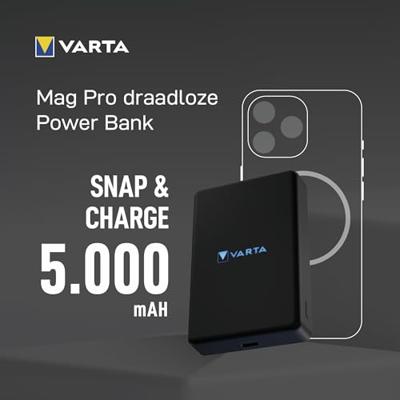 Varta 57903 Powerbank 5000 mAh Magsafe, Qi Wireless Charging LiPo Zwart Statusweergave