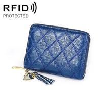 KB213 Diamond Texture Zipper Cowhide Leather Double Row Organ Shape Multiple Card Slots Anti-magnetic RFID Wallet Clutch Bag for Ladies (Blue) - thumbnail
