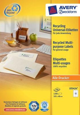 Avery Witte gerecycleerde universele etiketten ft 105 x 48 mm (b x h), 1.200 stuks, 12 per blad Avery Witte gerecycleerde universele etiketten ft 105 x 48 mm (b x h), 1.200 stuks, 12 per blad