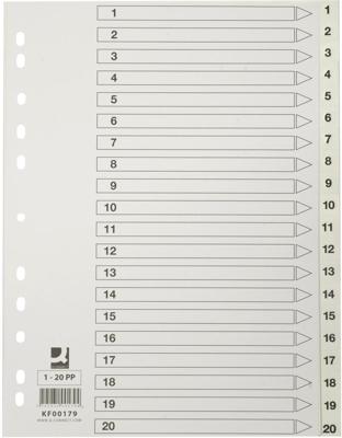 Q-CONNECT tabbladen, A4, PP, 11-gaatsperforatie, met indexblad, set van 1-20, wit