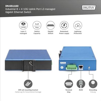 Digitus DN-651160 Industrial Ethernet Switch 8 + 4 poorten 1 GBit/s Digitus DN-651160 Industrial Ethernet Switch 8 + 4 poorten 1 GBit/s