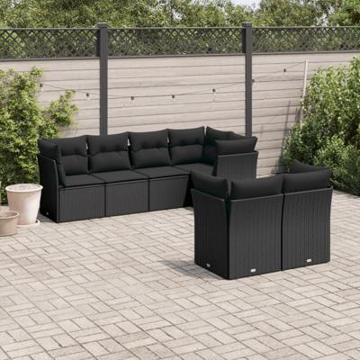 7-delige Loungeset met kussens poly rattan zwart - thumbnail