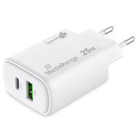 MediaRange GaN snellaadadapter van 25 W, EU-stekker, 1 x USB-C en 1 x USB-A, ondersteunt USB-C® Power Delivery en Quick Charge™, wit - thumbnail