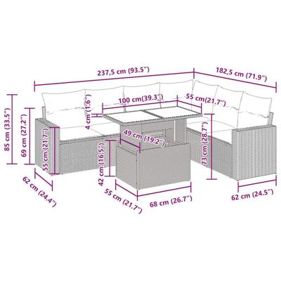 7-delige Loungeset met kussens poly rattan beige