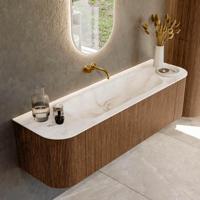 Mondiaz KURVE-DLUX 160 cm Onderkast Greeploos 1 Lade Met Deuren Walnut, Wastafel Solid Surface Midden Frappe 0 Kraangaten Zonder Spiegel (KRVBGM160L+R1L2D0KM-Wal/Fra) - thumbnail