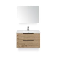 Seville Badmeubelset 80 cm - Natuur Eiken Edge greep - Wastafel Enjoy - met Spiegelkast - thumbnail