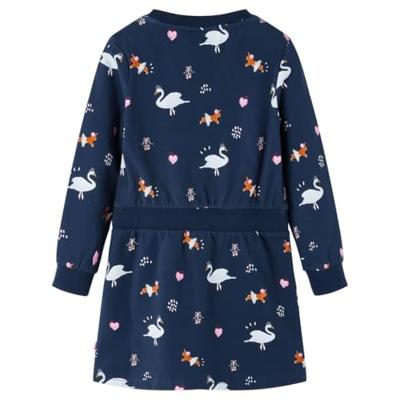 Kinderjurk met lange mouwen zwanenprint 116 marineblauw