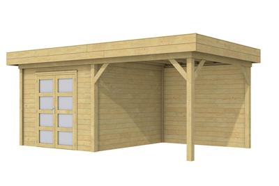 Woodvision Bosuil blokhut 300x300 cm + overkapping 400 cm vuren groen geïmpregneerd- Plat dak- Geïmpregneerd vurenhout- Woodvision Woodvision Bosuil blokhut 300x300 cm + overkapping 400 cm vuren groen geïmpregneerd- Plat dak- Geïmpregneerd vurenhout- Woodvision