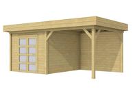 Woodvision Bosuil blokhut 300x300 cm + overkapping 400 cm vuren groen geïmpregneerd- Plat dak- Geïmpregneerd vurenhout- Woodvision - thumbnail