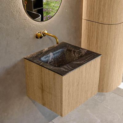 Mondiaz KURVE-DLUX 50 cm Onderkast Greeploos 1 Lade Zonder Deuren Oak, Wastafel Solid Surface Midden Lava 0 Kraangaten Zonder Spiegel (KRVGRU501L0D0KM-Oak/Lav)