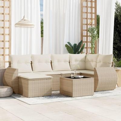 7-delige Loungeset met kussens poly rattan beige - thumbnail