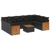 9-delige Loungeset met kussens poly rattan zwart - thumbnail