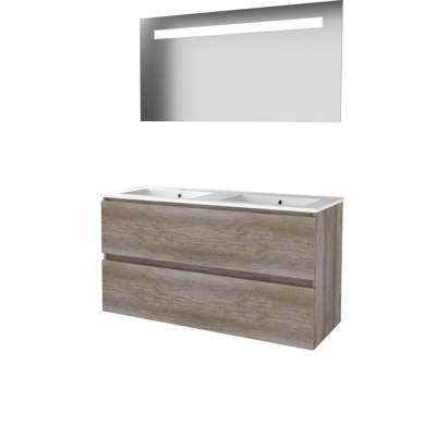 Basic-Line Economic 46 Badkamermeubelset - 120 x 46 cm - Greeploos - 2 Lades - Keramische Wastafel - 2 Kraangaten - Spiegel met LED Verlichting - Scotch Oak