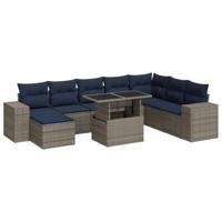 9-delige Loungeset met kussens poly rattan acacia grijs - thumbnail