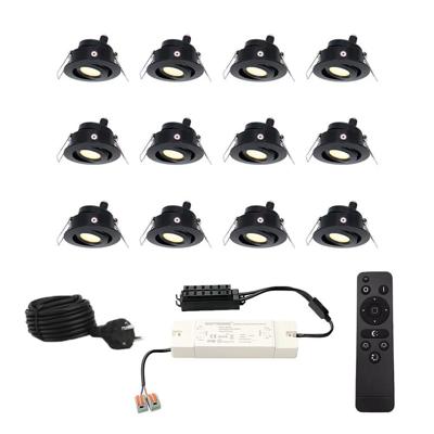 Set met 12 Sienna 12V inbouwspots - 3 Watt 200 lumen - 2700K warm wit - Zwart - IP44 waterdicht - kantelbaar - verandaspots - met afstandsbediening Set met 12 Sienna 12V inbouwspots - 3 Watt 200 lumen - 2700K warm wit - Zwart - IP44 waterdicht - kantelbaar - verandaspots - met afstandsbediening